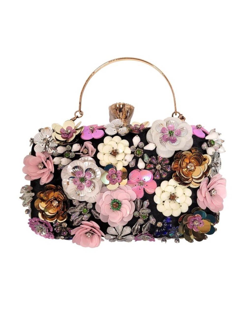 Floral Embellished Diamond Clutch Bag Gold Hardware 3D Black Metallic Party New